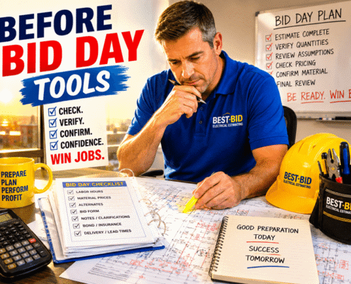 A focused man reviewing documents with construction tools and a checklist for bid day preparations.