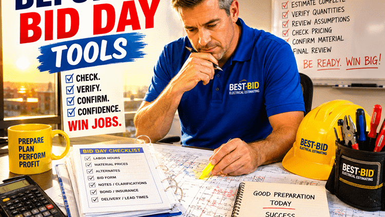 A focused man reviewing documents with construction tools and a checklist for bid day preparations.