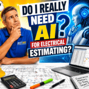 Man in blue shirt pondering AI for electrical estimating, surrounded by tools and schematics.