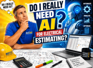 Man in blue shirt pondering AI for electrical estimating, surrounded by tools and schematics.