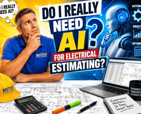 Man in blue shirt pondering AI for electrical estimating, surrounded by tools and schematics.