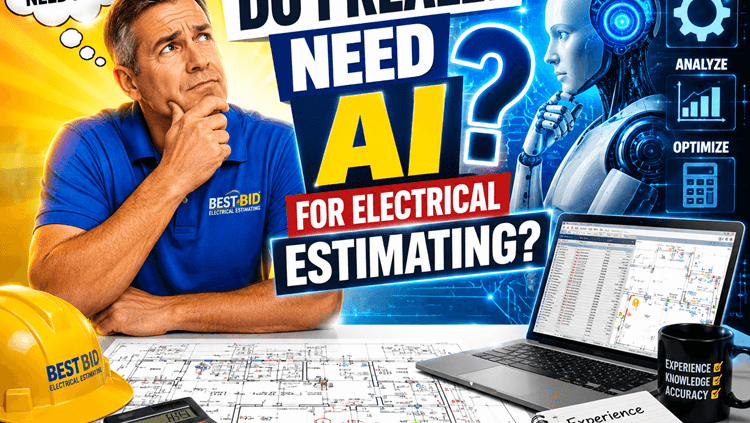 Man in blue shirt pondering AI for electrical estimating, surrounded by tools and schematics.