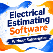 Promotional graphic for Electrical Estimating Software featuring vibrant colors and text indicating no subscription required.