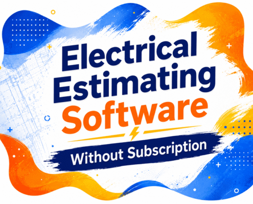 Promotional graphic for Electrical Estimating Software featuring vibrant colors and text indicating no subscription required.