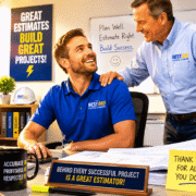 Estimators Collaborating in Office A young estimator in a blue shirt smiles at a colleague while working at a desk and reviewing plans.