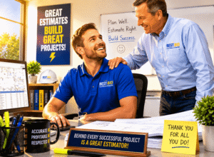 A young estimator in a blue shirt smiles at a colleague while working at a desk and reviewing plans.