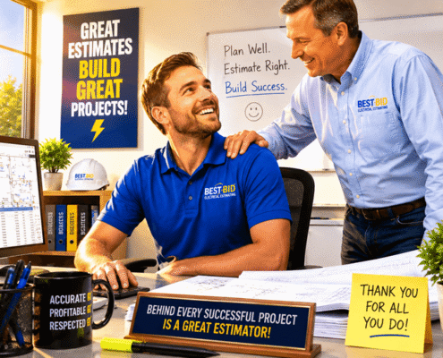 A young estimator in a blue shirt smiles at a colleague while working at a desk and reviewing plans.