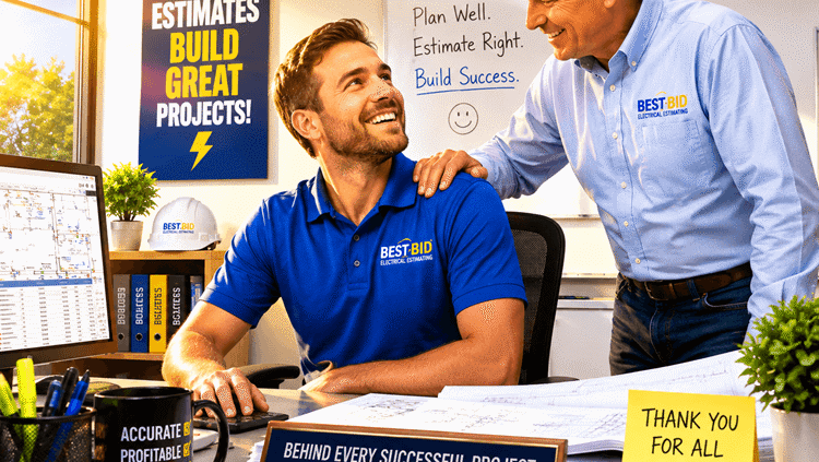 A young estimator in a blue shirt smiles at a colleague while working at a desk and reviewing plans.