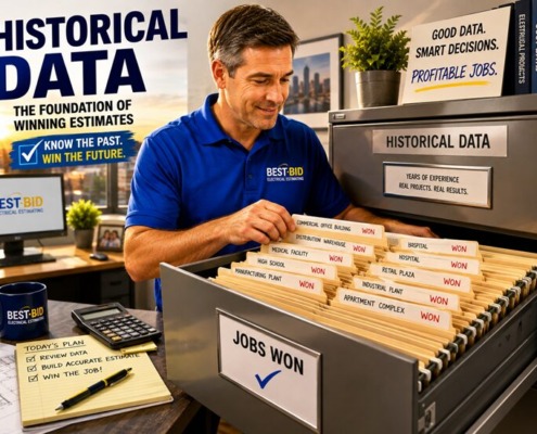 Professional evaluating historical data for electrical estimating with a file cabinet showing jobs won.