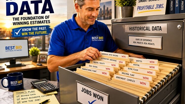 Professional evaluating historical data for electrical estimating with a file cabinet showing jobs won.
