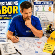 Professional reviewing electrical estimating plans with a checklist and tools around.