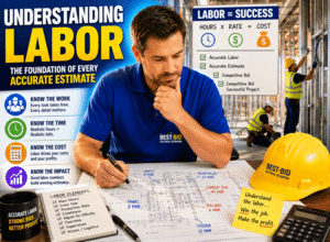 Professional reviewing electrical estimating plans with a checklist and tools around.