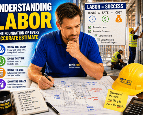 Professional reviewing electrical estimating plans with a checklist and tools around.