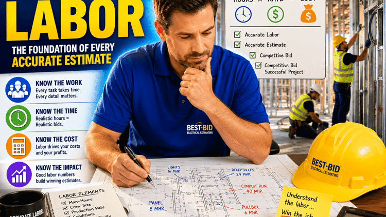 Professional reviewing electrical estimating plans with a checklist and tools around.