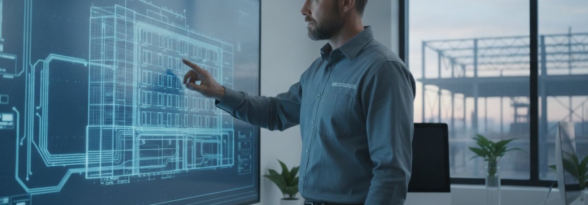 Man in a blue shirt points at a large interactive blueprint on a wall screen in a modern office.