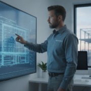 Man in a blue shirt points at a large interactive blueprint on a wall screen in a modern office.