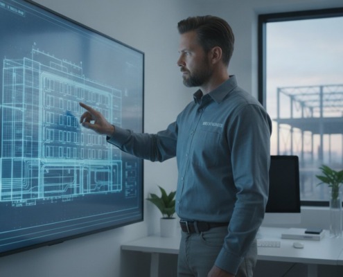 Man in a blue shirt points at a large interactive blueprint on a wall screen in a modern office.