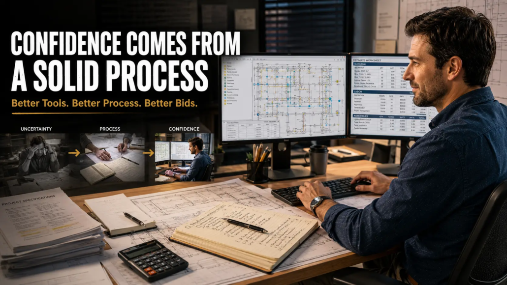 Electrical estimator confidently using digital takeoff and organized estimating tools to prepare an accurate electrical bid.