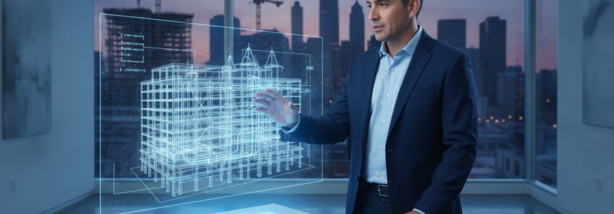 Professional in a navy suit points at a glowing 3D blueprint of a building projected in a glass-walled office.