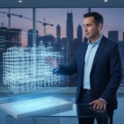 Electrical Bid Preparation Services: The 2026 Contractor’s Guide to Winning More Work – Hero Image Professional in a navy suit points at a glowing 3D blueprint of a building projected in a glass-walled office.