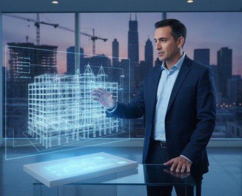Professional in a navy suit points at a glowing 3D blueprint of a building projected in a glass-walled office.