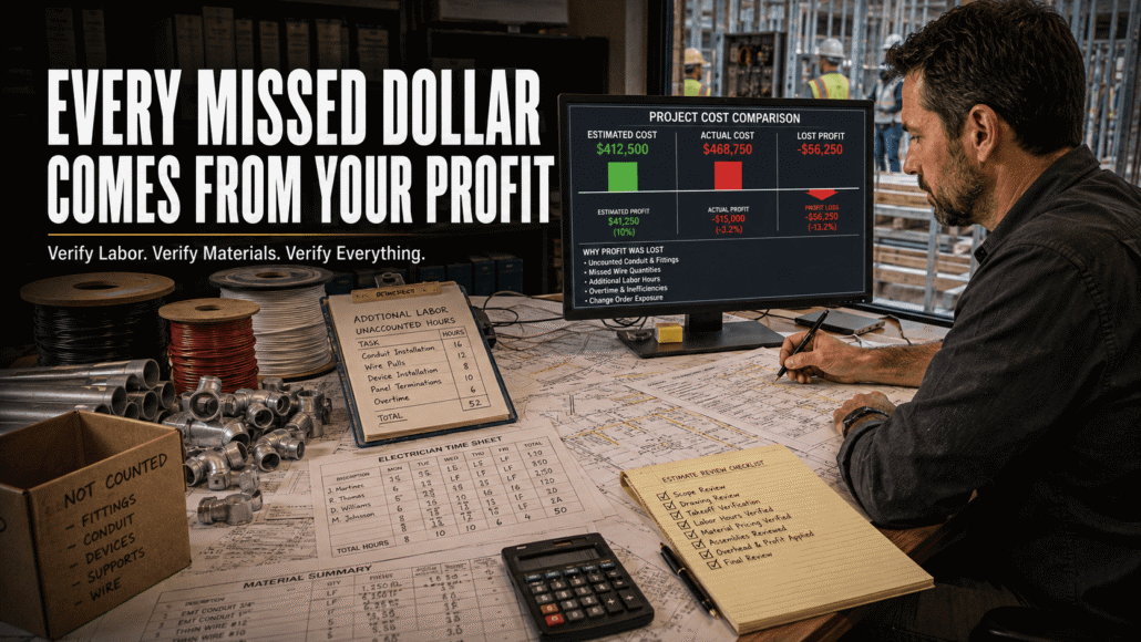 Electrical estimator reviewing labor and material costs to prevent missed expenses from reducing project profit.