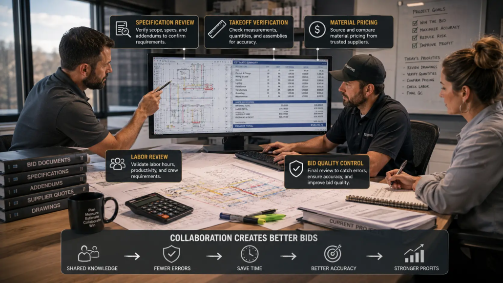 Team of three professionals collaborating around a desk with a large monitor displaying a project estimate and plans on blueprints.