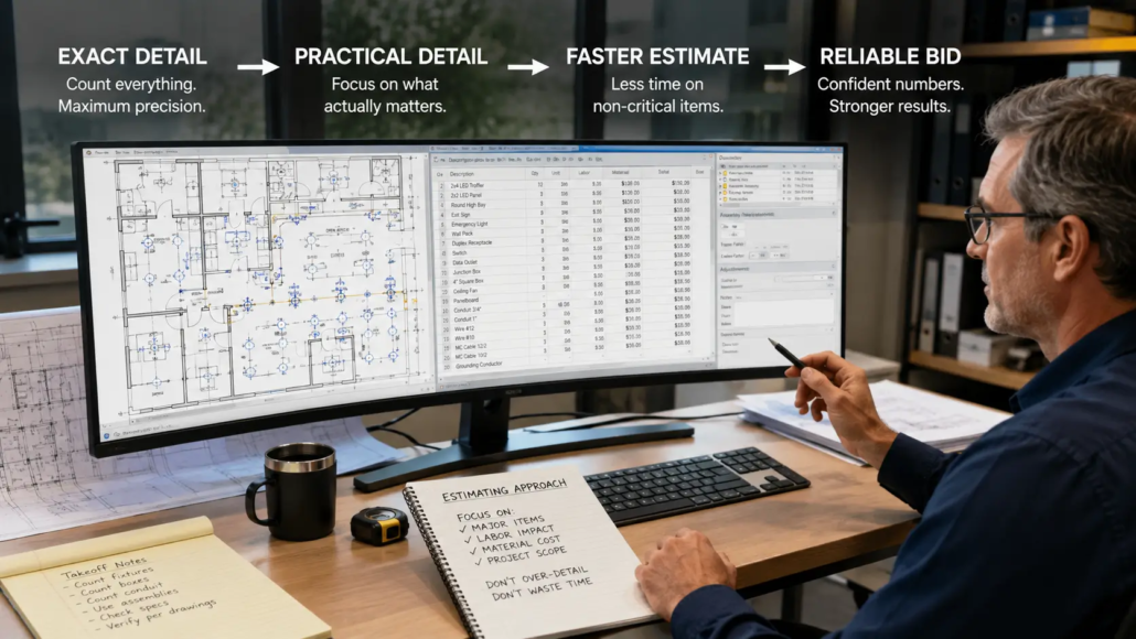 Electrical estimator reviewing quantity detail and lighting assemblies for a project estimate