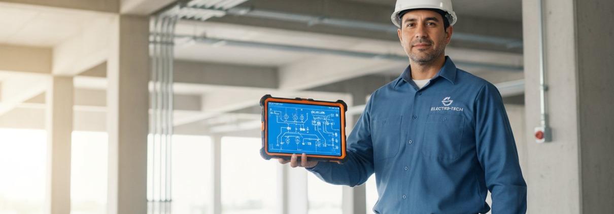 Construction worker in a blue shirt and white hard hat holds a tablet displaying an electrical blueprint in a sunny building under construction.