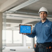 Construction worker in a blue shirt and white hard hat holds a tablet displaying an electrical blueprint in a sunny building under construction.