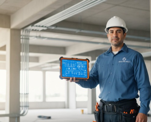 Construction worker in a blue shirt and white hard hat holds a tablet displaying an electrical blueprint in a sunny building under construction.
