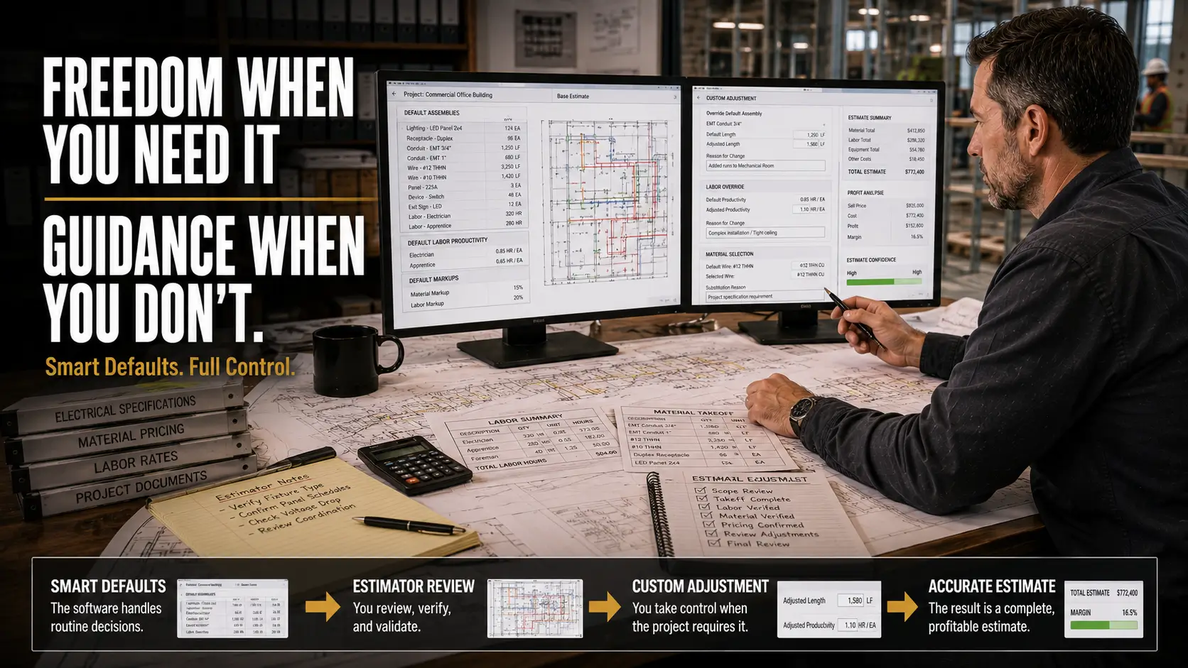 User Freedom vs. Guided Structure in Electrical Estimating Software Electrical estimator balancing user control and guided structure in electrical estimating software.