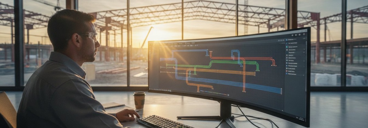 Engineer wearing safety glasses works at a desk with a curved monitor displaying a complex piping diagram at sunset in an industrial office.
