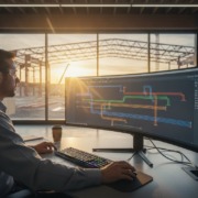 How to Improve Electrical Bidding Accuracy: The 2026 Contractor’s Guide – Hero Image Engineer wearing safety glasses works at a desk with a curved monitor displaying a complex piping diagram at sunset in an industrial office.
