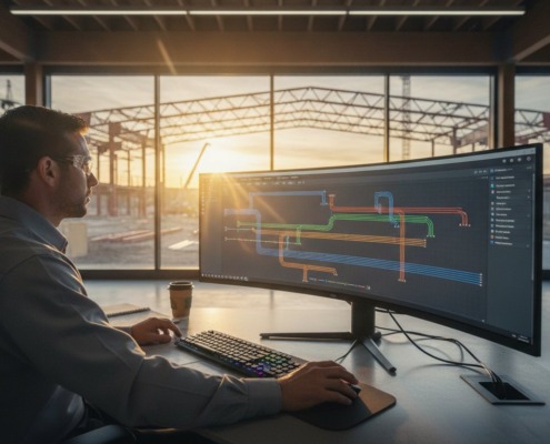 Engineer wearing safety glasses works at a desk with a curved monitor displaying a complex piping diagram at sunset in an industrial office.
