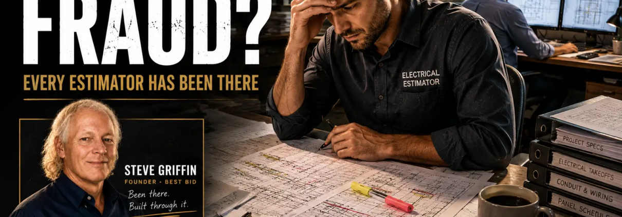 Electrical estimator experiencing self-doubt while reviewing complex electrical plans and preparing a bid.
