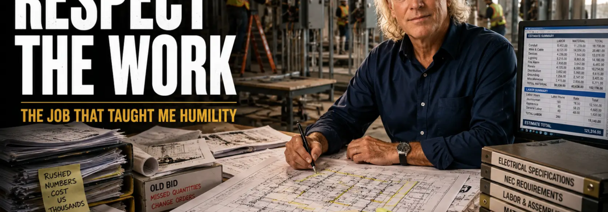 Experienced electrical estimator reviewing commercial plans after learning the importance of accuracy, humility, and respecting the work.