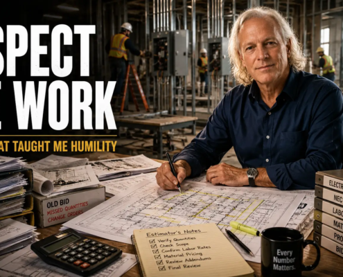 Experienced electrical estimator reviewing commercial plans after learning the importance of accuracy, humility, and respecting the work.