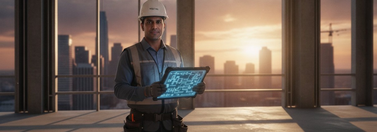 Construction worker in a hard hat and safety vest holds a glowing digital blueprint tablet inside a high-rise under construction, city skyline at sunset in the background