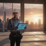 Construction worker in a hard hat and safety vest holds a glowing digital blueprint tablet inside a high-rise under construction, city skyline at sunset in the background