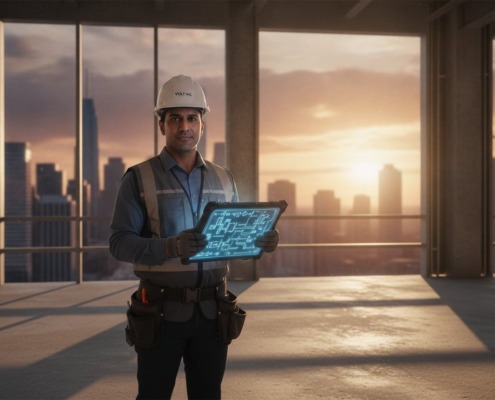 Construction worker in a hard hat and safety vest holds a glowing digital blueprint tablet inside a high-rise under construction, city skyline at sunset in the background