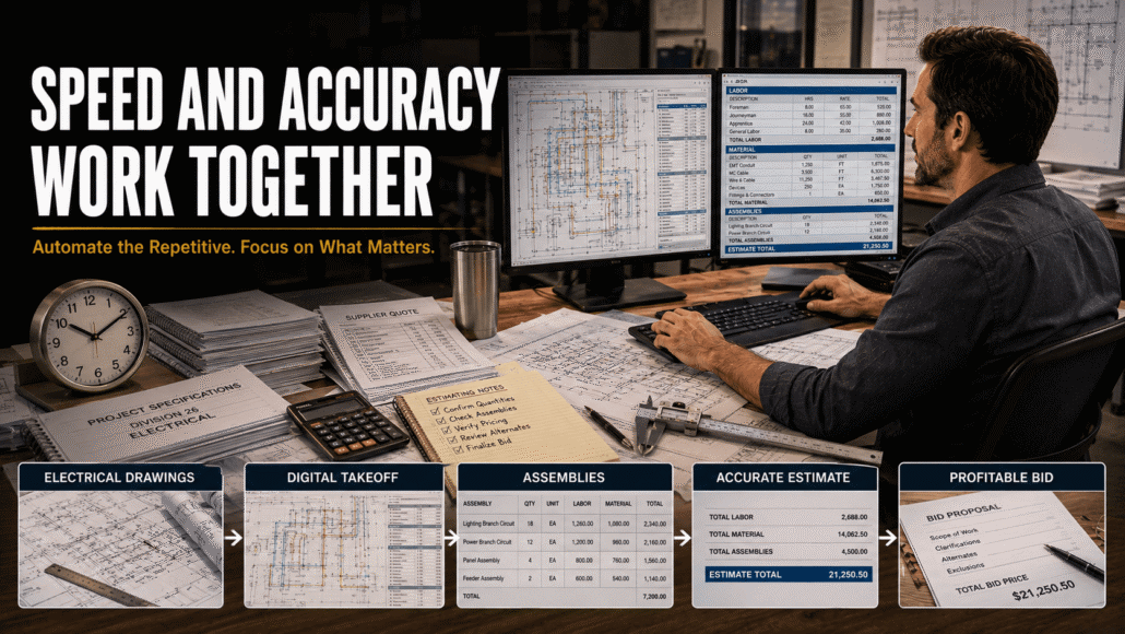 Engineer at a cluttered desk with dual monitors showing schematics, papers, and a clock; bold banner reads 'SPEED AND ACCURACY WORK TOGETHER'.