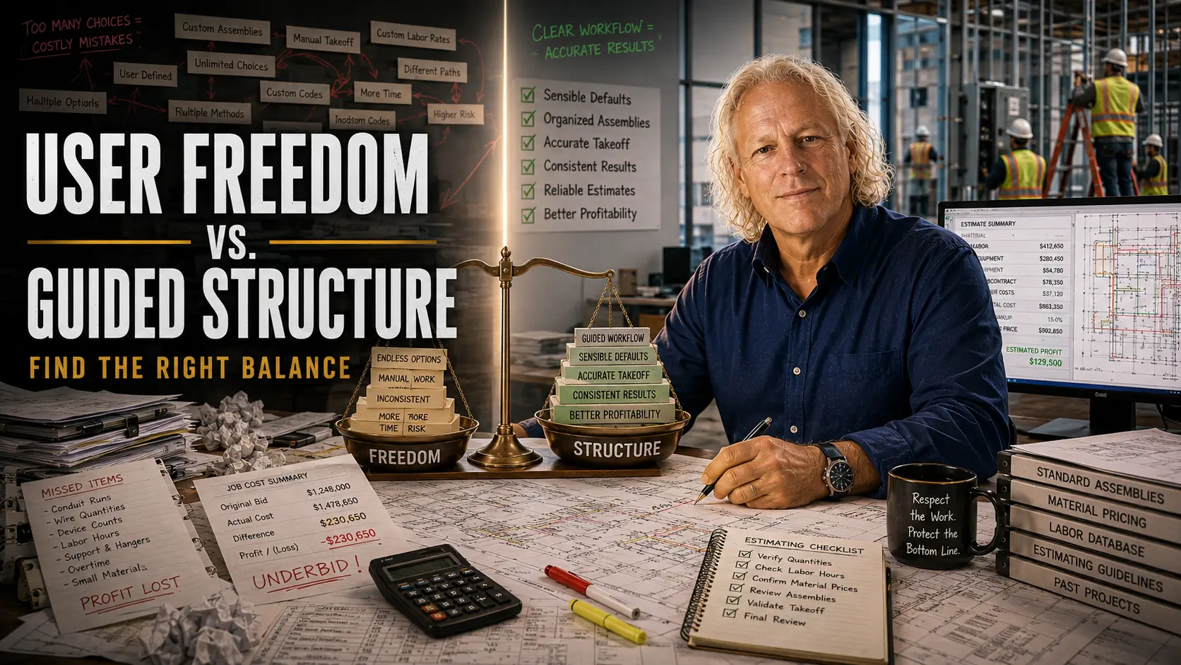 User Freedom vs. Guided Structure in Electrical Estimating Software Electrical estimator balancing user control and guided structure in electrical estimating software.