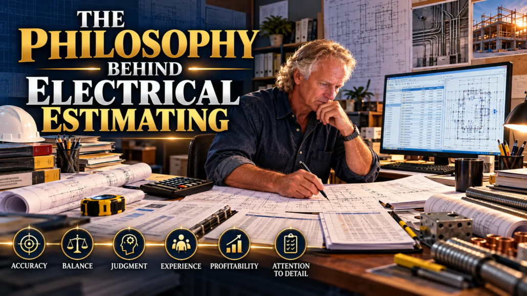 The philosophy behind electrical estimating with an estimator reviewing electrical plans and bid calculations
