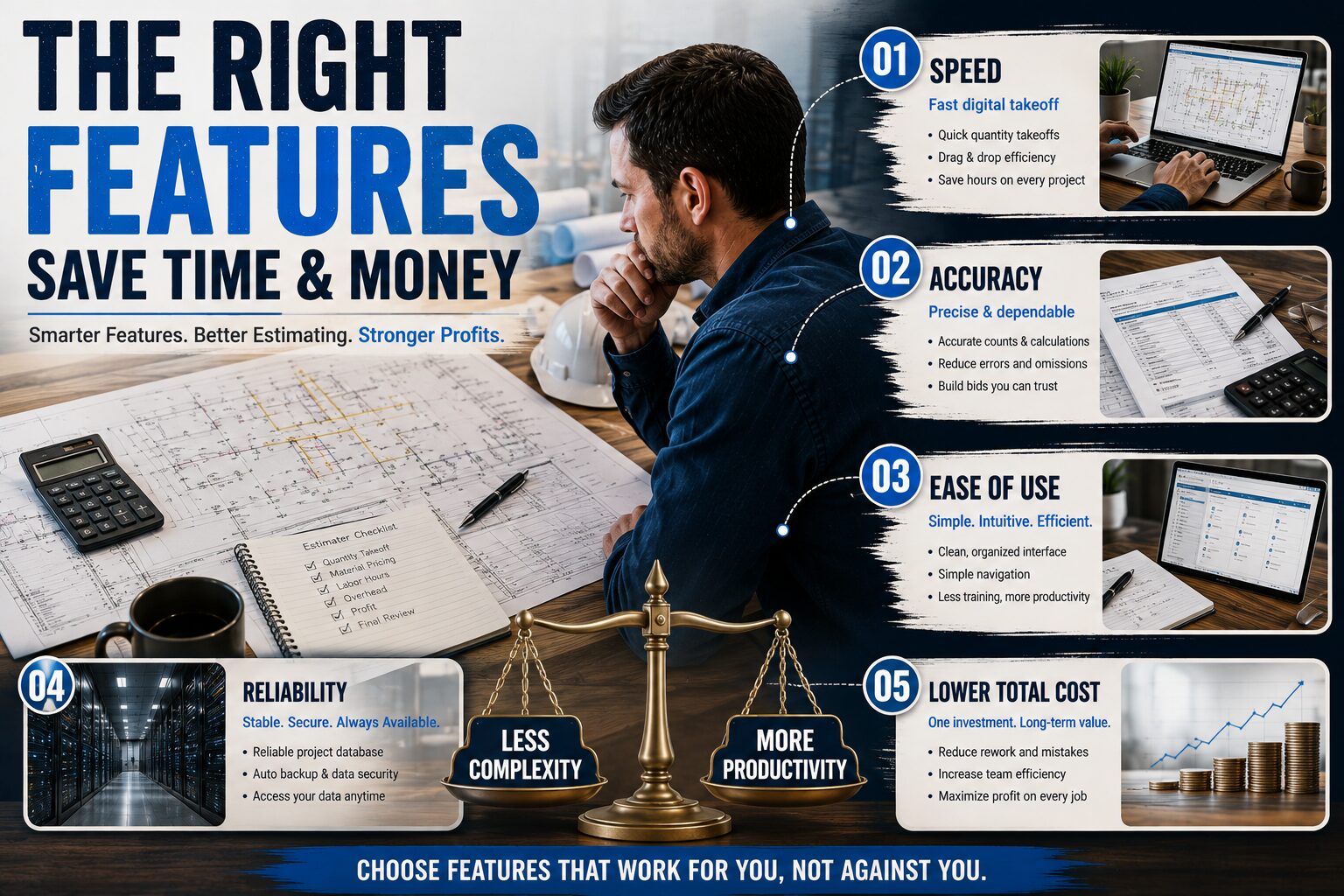 Electrical estimating software with built-in on-screen takeoff Professional estimator reviewing electrical estimating software