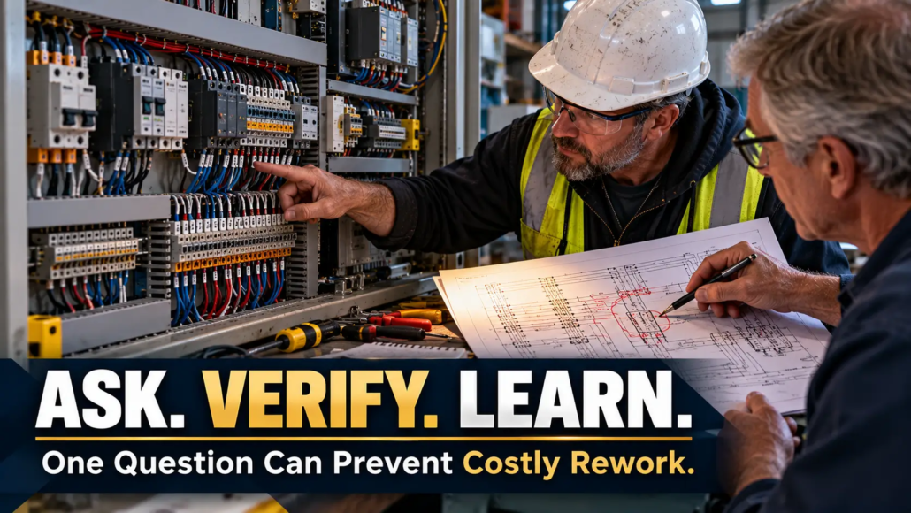 Electrical contractor and engineer reviewing control-panel wiring against an engineering schematic to identify and correct a drawing misunderstanding.
