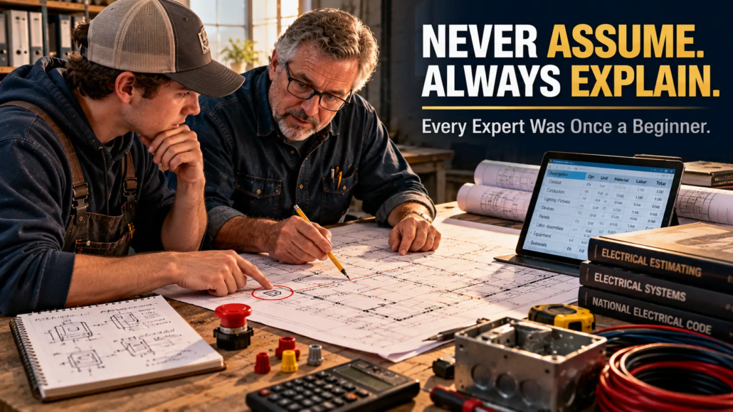 Experienced electrical estimator patiently teaching a beginner to interpret an electrical floor plan and review estimating information.